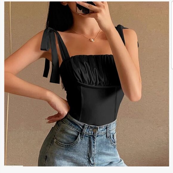 Umenlele Women's Satin Ruched Sleeveless Tie Shoulder Square Neck Bodysu…Large - Picture 6 of 14